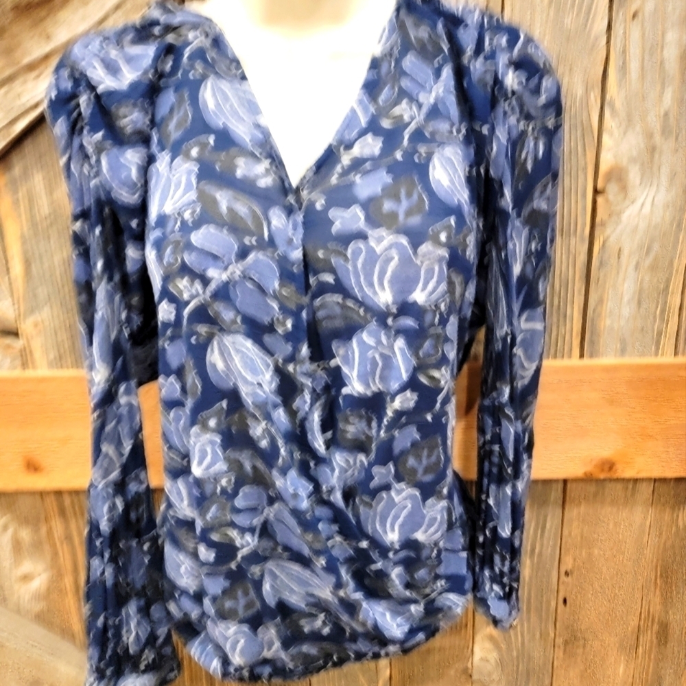 Lucky Brand Faux Wrap Navy Blue Floral Blouse XS Long Sleeve boho Peasant ^
